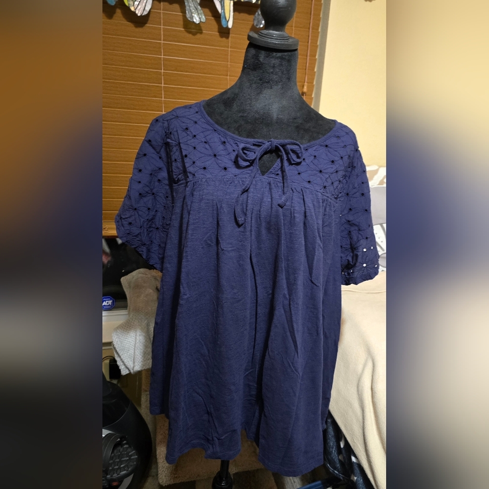 Lane Bryant 22/24 Navy Blue Short Sleeve Eyelet Shirt (D)